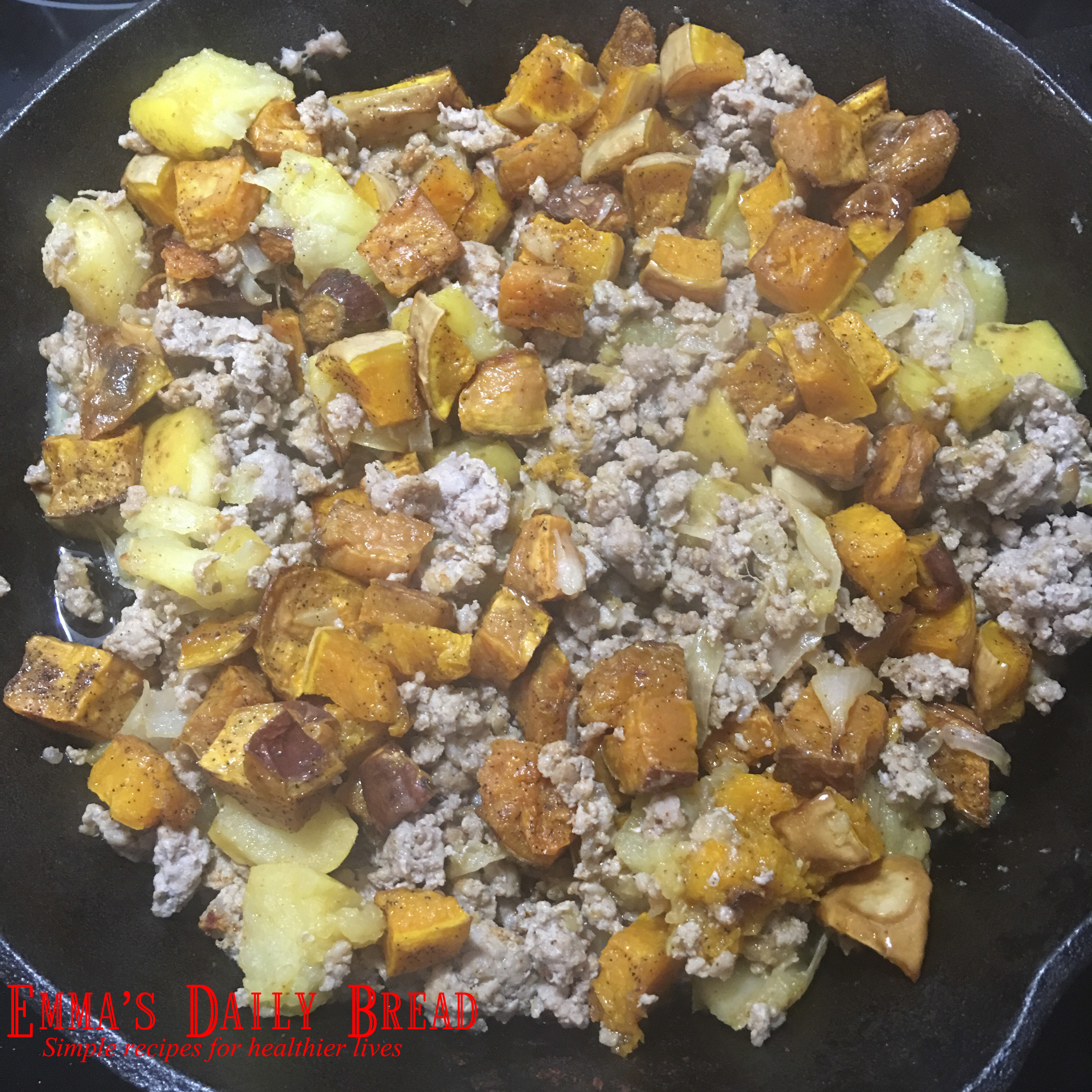 SAUSAGE, ROASTED BUTTERNUT SQUASH & SWEET POTATO BREAKFAST HASH