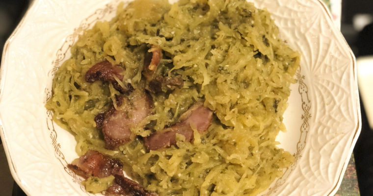 Spaghetti Squash With Basil Pesto & Jowl Bacon