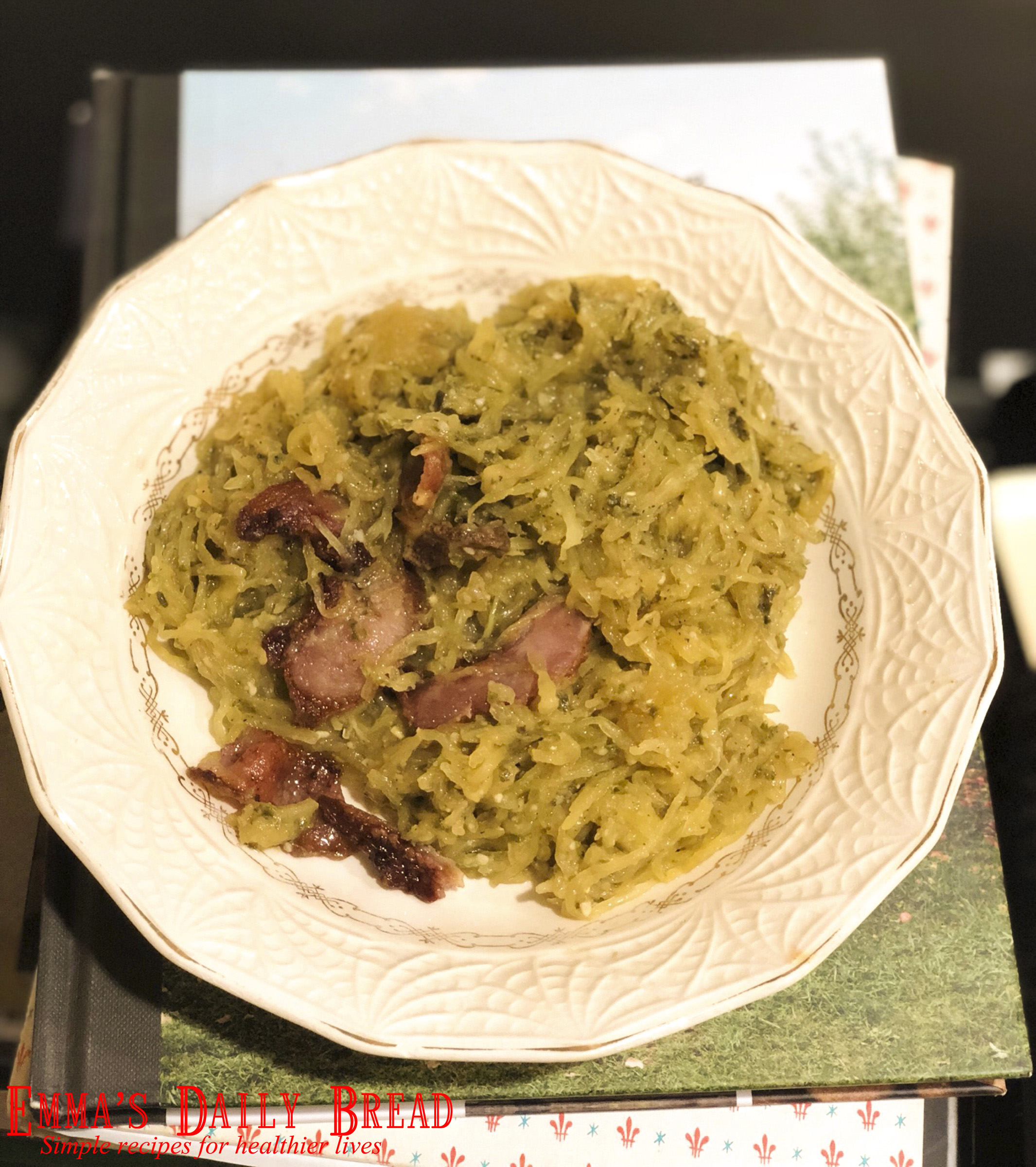 Spaghetti Squash With Basil Pesto & Jowl Bacon