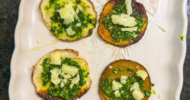 Homemade Veggie Chips with Arugula Pesto & Pecorino Romano Cheese