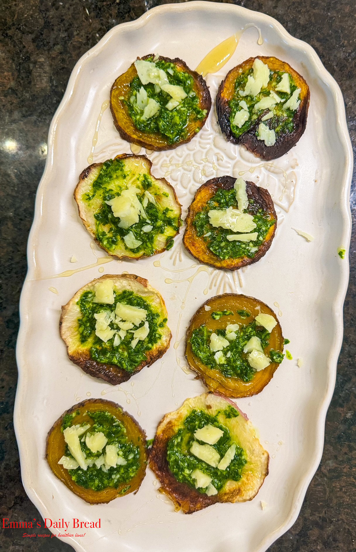 Homemade Veggie Chips with Arugula Pesto & Pecorino Romano Cheese